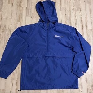 Champion Windbreaker Athletic Hoodie Jacket Blue Front Pocket Men's Size Medium